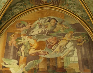 De westelijke muur van de Rayonnant-kapel van de abdij, detail boven De Aankondiging